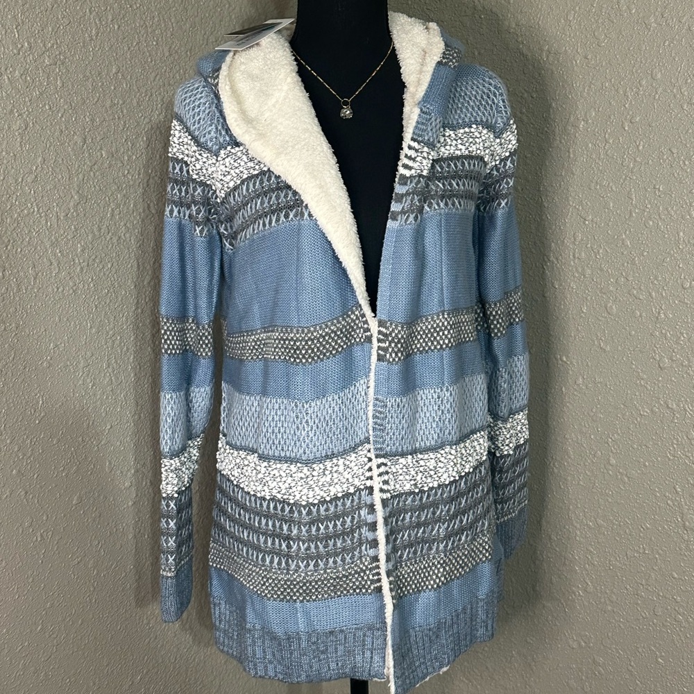NWT LETY & ME Dockerie Sherpa Trim Hooded Cardigan in blues/white